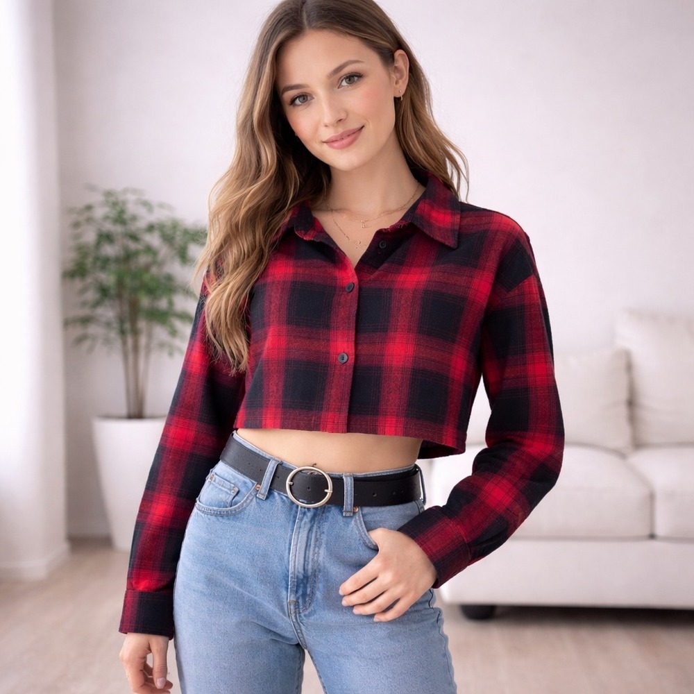 Junie Clothing Red Black Buffalo Plaid‎ Cropped Flannel Shirt Grunge Small